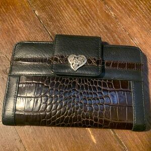 Brighton Black and Dark Brown Croc-Embossed Leather Wallet with Heart Accent